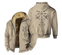 Foweknow Viking Jacket Men's Viking Tattoo Hooded Jacket with Fleece Lining 3D Print Zip Hoodies Thickened Long Sleeve Hoodie Sweat Jacket Gothic Medieval Vintage Hooded with Pocket, khaki, 3XL