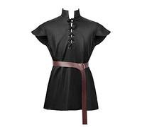 Foweknow Viking Tunic, Men's Short Sleeve Medieval Top, Lace-Up Shirt for Larp, Renaissance Wars, Fancy Dress, Steampunk, Victorian Gothic Short Sleeve Shirt, Halloween, Stage Show, Fancy Dress
