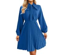 Foweknow Women's Long Sleeve Evening Dresses Elegant for Wedding Long Spring Dress Pleated Dress with Belt Maxi Dress Women A Line Casual Dress Stand-Up Collar Puff Sleeves Autumn Dress, blue, S