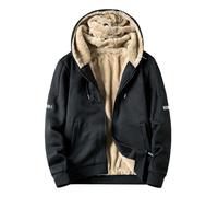 Foweknow Wool Jacket Men's Lined Fleece Jacket Patchwork Winter Jacket with Hood Thick Thermal Hoodie Transition Jacket Long Sleeve Comfortable Winter Coat Plush Jacket Teddy Jacket, black, M