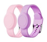 Foweroty for AirTag Bracelet for Kid, Waterproof Cute Print for Air tag Holder for Kids with Soft Silicone Full Coverage Anti-Lost Hidden for Airtag Wristband Accessories for Child, Pink/Purple
