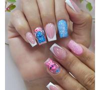 Foweso White French Lace False Nails Square Medium Red and Blue Glitter with Glue, Glitter Acrylic Nail Art Nude Design Blue Monster Design