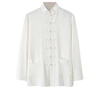 Fowjknww Linen Shirt Men's Chinese Martial Arts Clothing Traditional Tai Chi Wing Chun Uniforms Lightweight Cotton Clothing Sets for Meditation and Qigong Plain Lounge Suit, White, L