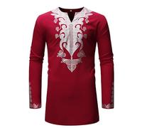 Fowjknww Long Sleeve Shirt Men's Gold Print Casual Shirt Muslim Long Sleeve Thobe Traditional African Outfit Metallic Pattern Loose Robe Versatile Casual Top, red, XL