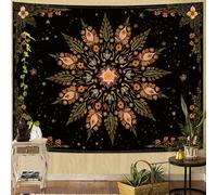 Fowocu Boho Floral Mandala Tapestry for Bedroom Aesthetic Vintage Bohemian Flower Wall Tapestry Black Green Hippie Indian Large Tapestries Wall Hanging for Living Room Dorm Decor 80 x 60 Inch
