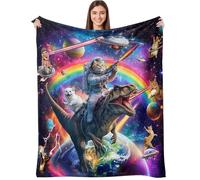 Fowocu Funny Cat Dinosaur Throw Blanket 68" x 90", Fun Cool Colorful Anime Space Cats Blanket, Rainbow Galaxy Soft Cozy Lightweight Flannel Throws Blankets Gifts for Boys Girls Couch Bed Sofa Chair