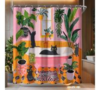 Fowocu Funny Cat Shower Curtain Boho Cute Fun Black Cats Matisse Shower Curtains for Bathroom Kitten Green Tropical Plant Leaves Pink Orange Yellow Waterproof Fabric Bath Curtain Decor 72 X 72 Inches