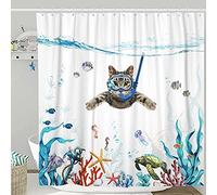 Fowocu Funny Cat Shower Curtain Set Teal Blue Sea Ocean Waterproof Fabric Shower Curtains with Animal Octopus Starfish Turtle Anchor Fish Nautical Bathroom Decor (Blue, 72''×72'')
