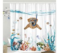 Fowocu Funny Dog Shower Curtain Set Teal Blue Sea Ocean Waterproof Fabric with Animal Octopus Starfish Turtle Anchor Fish Nautical Bathroom Curtain Decor (Orange, 72''×72'')