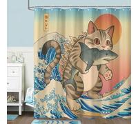 Fowocu Funny Japanese Cat Shower Curtain Cute Fun Cool Cat Monster Shark Shower Curtains for Bathroom Vintage Ocean Waves Anime Kids Waterproof Fabric Bath Curtain Decor 72 X 72 Inches