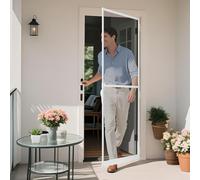 fowong Fly Screens for Doors - 100 x 249cm White Aluminium Frame Door Screen with Adjustable Frame, Anti-Mosquito, Ventilation, Daylighting