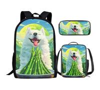 Fowototi School Bag Set for Boys and Girls, Student Backpack Set with Lunch Box, Pencil Case, Lightweight Book Bag for Kids, Asparagus Dog Samoyed I