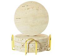 FOWSEEK Travertine Coasters Set of 4, 4'' Round Marble Coasters with Holder, Natural Stone Drinks Coasters for Home Office Decor, Coffee Coasters Housewarming Birthday Gift