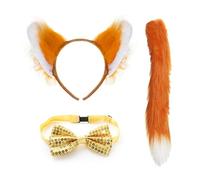 Fox Accessory Set - Orange Fox Ears on Headband, Orange Fox Tail and Gold Sequin Bowtie - World Book Day Book Week Fancy Dress Costume Accessory Set