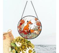 Fox and California Poppy Stained Glass Window Hanging - 7.8'' Beautiful Fox Suncatcher for Window Decor, Artistic Fox and Flower Panel - Perfect for Animal Lovers and Nature Enthusiasts (Black-Line)