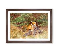 Fox and Cubs by Bruno Liljefors Framed Print | A2 Walnut Framed Wall Art | Ready to Hang | Modern Animal Picture | Living Room Bedroom Lounge Office