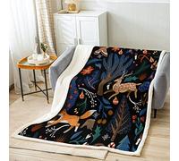 Fox and Deer Throws Blanket,Wild Animal Plant Theme Sherpa Blanket for Girls Teens Gift, Blue Embroidery Trees Lightweight Polyester Sherpa Blanket for Sofa, Throw Size (50 x 60 Inches)