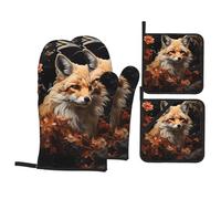 Fox and Flowers Print Oven Mitts & Pot Holders Set of 4 â€“ Non-Slip Mitts High Heat Hot Pads for Kitchen Cooking