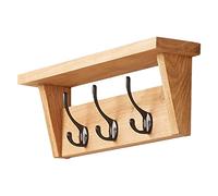 Fox and Grain Solid Oak Coat Rack (3 Hooks) | Wall Mounted Coat Hooks with Shelf for Display/Storage | Wooden Stylish & Versatile Hallway Decor | Heavy Duty Double Hooks | Handcrafted in The UK