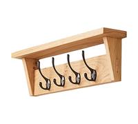 Fox and Grain Solid Oak Coat Rack (4 Hooks) | Wall Mounted Coat Hooks with Shelf for Display/Storage | Wooden Stylish & Versatile Hallway Decor | Heavy Duty Double Hooks | Handcrafted in The UK