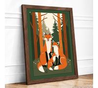 Fox and Kit in Winter Woods Mid-Century Framed Wall Art Print A2 (59.4×42cm) Walnut, Wall Decor for Living Room, Bedroom, Office & Home, Ready to Hang, Art Gift