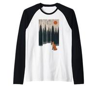 Fox and Pine Tree Sunset Mystical Forest Raglan Baseball Tee