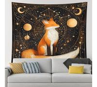 Fox and Stars Orange Black Tapestry, Celestial Moon Decorative Wall Hanging, Aesthetic Tapestries for Bedroom, Living Room, Dorm, Bohemian Decor 40x60 Inch