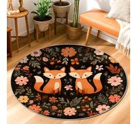 Fox Area Rug, Autumn Fanciful Flower Leaf Fall Orange Low Pile Doormat Round Throw Rug Stain Resistant Bathroom Bedside Entryway Door Decor 3' X 3'