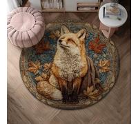 Fox Area Rug, Autumn Nature Leaves Pattern Fall Orange Non-Slip Aesthetic Circle Home Doormat Accents Rug Bathroom Bedside Entryway Door Decor 4' X 4'