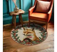 Fox Area Rug, Christmas Festive Holly Berries Xmas Red Non-Slip Aesthetic Circle Home Doormat Accents Rug Bathroom Doorway Entryway Bedside Decor 3' X 3'