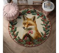 Fox Area Rug, Christmas Festive Holly Berries Xmas Red Non-Slip Edge Binding Doormat Throw Rug Circle Bathroom Entryway Bedside Laundry Room Decor 4' X 4'
