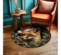 Fox Area Rug, Christmas Festive Santa Hat Candy Cane Christmas Red Low Pile Sponge Aesthetic Circle Home Doormat Accents Rug Bathroom Entryway Kitchen Bedside Decor 3' X 3'