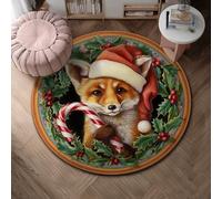 Fox Area Rug, Christmas Festive Santa Hat Candy Cane Xmas Red Non-Slip Aesthetic Circle Home Doormat Accents Rug Bathroom Bedside Entryway Door Decor 4' X 4'