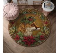 Fox Area Rug, Christmas Vintage Poinsettia Holly Xmas Red Non-Slip Home Floor Doormat Circle Print Accents Rug Bathroom Entryway Kitchen Bedside Decor 4' X 4'