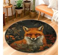 Fox Area Rug, Nature Fanciful Flowers Leaves Fall Orange Non-Slip Backing Doormat Round Throw Rug Stain Resistant Entryway Bathroom Laundry Room Decor 3' X 3'