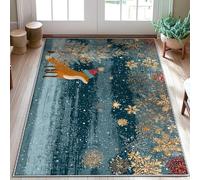 Fox Area Rug, Winter Fanciful Snowflake Star Winter Teal Non-Slip Backing Doormat Rectangle Throw Rug Non Shedding Bathroom Bedside Entryway Door Decor 3' X 5'