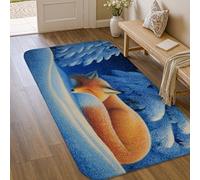 Fox Area Rug, Winter Nature Snow Trees Winter Blue Low Pile Sponge Doormat Rectangle Print Accents Rug Laundry Room Bathroom Doorway Entryway Decor 3' X 5'