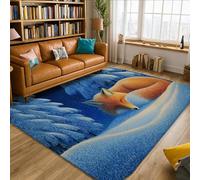 Fox Area Rug, Winter Nature Snow Trees Winter Blue Low Pile Sponge Rectangle Floor Carpets Edge Binding Rugs for Living Room Bedroom Kitchen Hallway Decor 5' X 7'