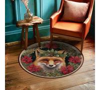 Fox Area Rug, Winter Rustic Poinsettia Holly Christmas Red Low Pile Sponge Doormat Round Throw Rug Stain Resistant Entryway Bathroom Kitchen Doorway Decor 3' X 3'