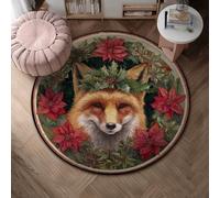 Fox Area Rug, Winter Rustic Poinsettia Holly Christmas Red Non-Slip Home Floor Doormat Circle Print Accents Rug Bathroom Doorway Entryway Bedside Decor 4' X 4'