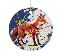 Fox Art Ceramic Christmas Ornaments with Gold String - Personalized Double-Sided 2.9 Inch Xmas Tree Decorations, Rustic Winter Hanging Ornaments for Holiday Party Gift