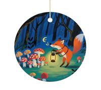 Fox at Night Ceramic Christmas Ornaments with Gold String - Personalized Double-Sided 2.9 Inch Xmas Tree Decorations, Rustic Winter Hanging Ornaments for Holiday Party Gift