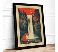 Fox at Waterfall Retro Framed Wall Art Print A3 Black