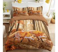 Fox Autumn Fallen Leaves Tall Trees SOFT & BREATHABLE & FlULLY Forest Delicate Duvet Cover Realistic Animals Warm Duvet Cover with Zipper Orange Bedding for Children Adults Single 135 x 200 cm
