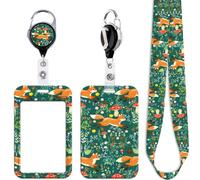 Fox Badge Reel with ID Card Holder Lanyard Flowers & Mushroom Keychain Heavy Duty Retractable Badge Holder Reel Clip Kids Lanyard ID Holder for Keys Name Tag,for Office Nurses Staff & School ID(Green)