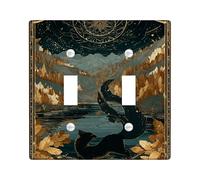 Fox Bathroom Double Light Switch Cover Plate, Nature Artistic Mountains River Fall Gold Plastic Standard Size Switch Plate Decorative for Living Room Bedroom Home Office Decor