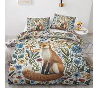 Fox Bedding King Size, Woodland Animal Botanical Duvet Cover, Soft Breathable Microfiber Quilt Cover 230x220 cm and 2 Pillowcases 50x75 cm, Reversible Bed Set with Zipper N&10
