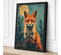 Fox Beneath the Moon Boho Canvas Wall Art Print 24x16 Inch | Black