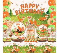Fox Birthday Party Supplies, Including Happy Birthday Party Backdrop, Plates, Cupcake Toppers, Napkins, Cups, Tablecloths, for Girl Boy Fox Theme Baby Shower Birthday Party Decorations (Style B)