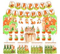 Fox Birthday Party Supplies, Including Happy Birthday Party Banner, cake topper, Gift Bag, Balloons, for Girl Boy Fox Theme Baby Shower Birthday Party Decorations